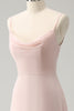 Load image into Gallery viewer, Pink Spaghetti Straps Cowl Neck Chiffon Bridesmaid Dress