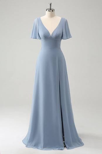 Grey Blue V-Neck Puff Chiffon Long Bridesmaid Dress with Hollow Out Back