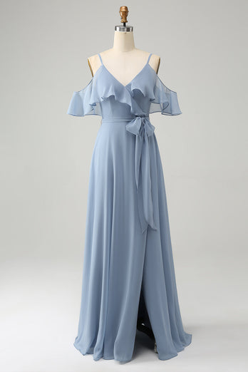 Grey Blue Spaghetti Straps Ruffled Chiffon Bridesmaid Dress with Slit
