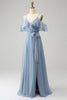 Load image into Gallery viewer, Grey Blue Spaghetti Straps Ruffled Chiffon Bridesmaid Dress with Slit