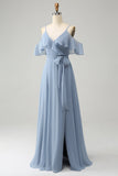 Grey Blue Spaghetti Straps Ruffled Chiffon Bridesmaid Dress with Slit