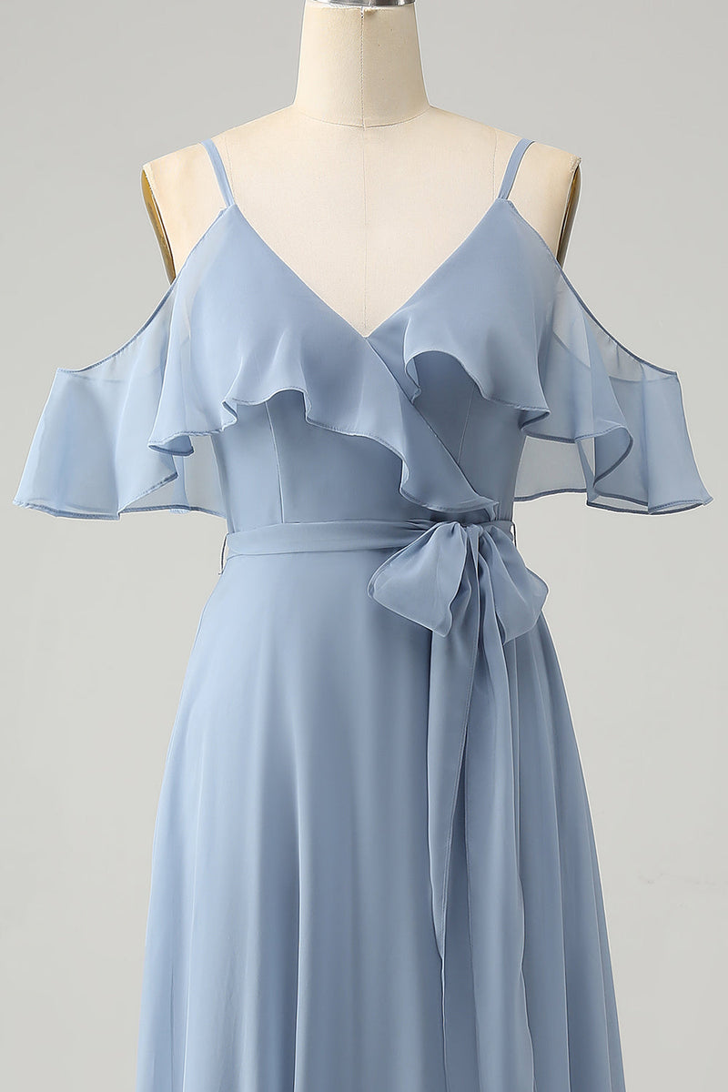 Load image into Gallery viewer, Grey Blue Spaghetti Straps Ruffled Chiffon Bridesmaid Dress with Slit