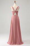 Brick Red A Line Spaghetti Straps Long Bridesmaid Dress with Slit