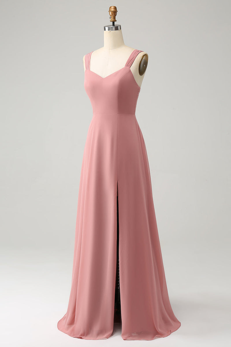 Load image into Gallery viewer, Brick Red A Line Spaghetti Straps Long Bridesmaid Dress with Slit