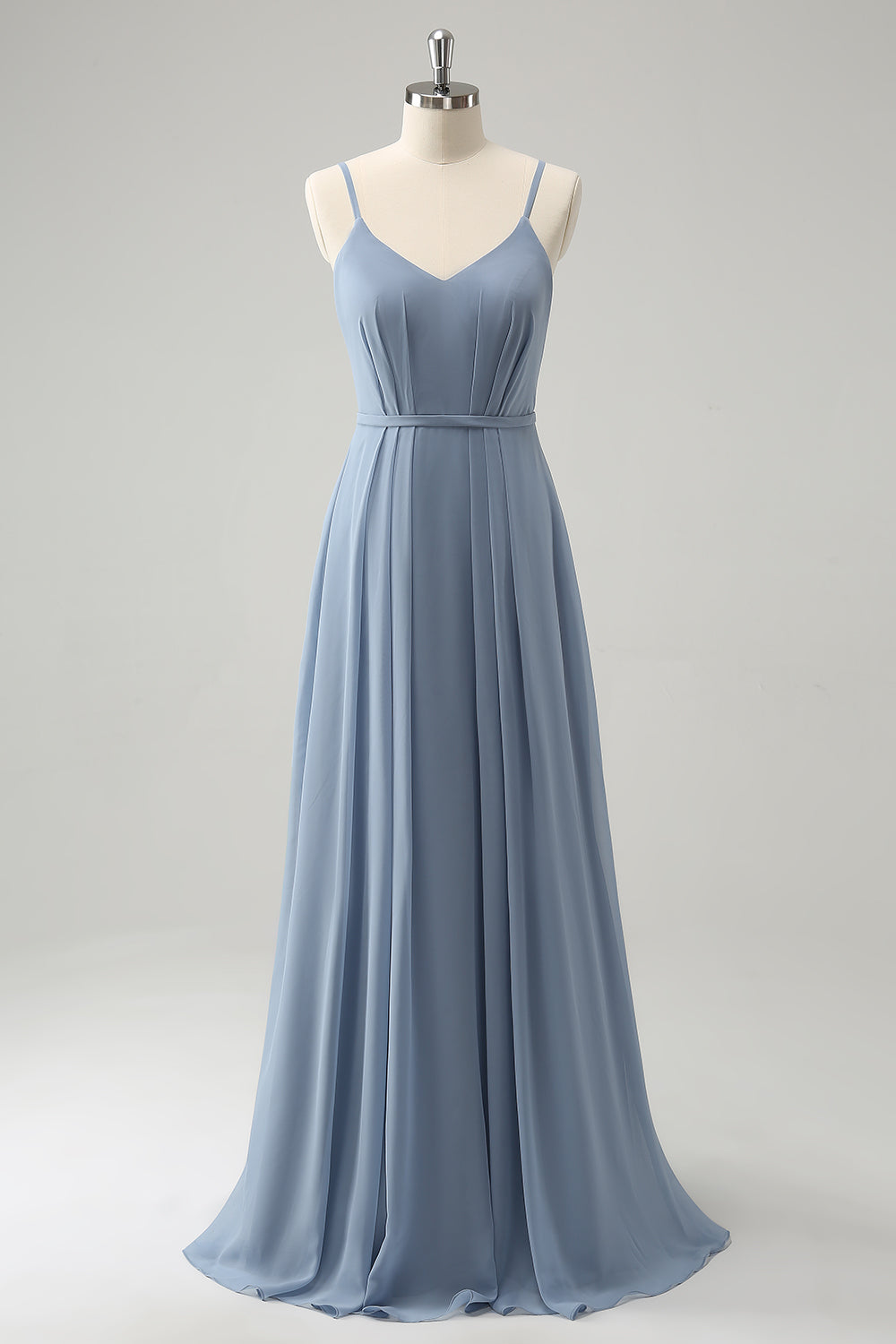 Grey Blue Chiffon A Line Spaghetti Straps Pleated Long Bridesmaid Dress