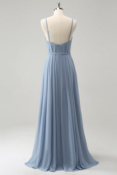 Grey Blue Chiffon A Line Spaghetti Straps Pleated Long Bridesmaid Dress