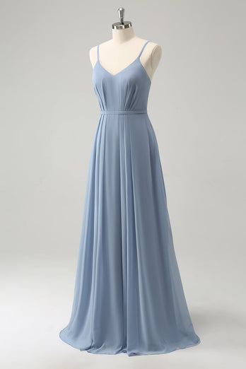 Grey Blue Chiffon A Line Spaghetti Straps Pleated Long Bridesmaid Dress