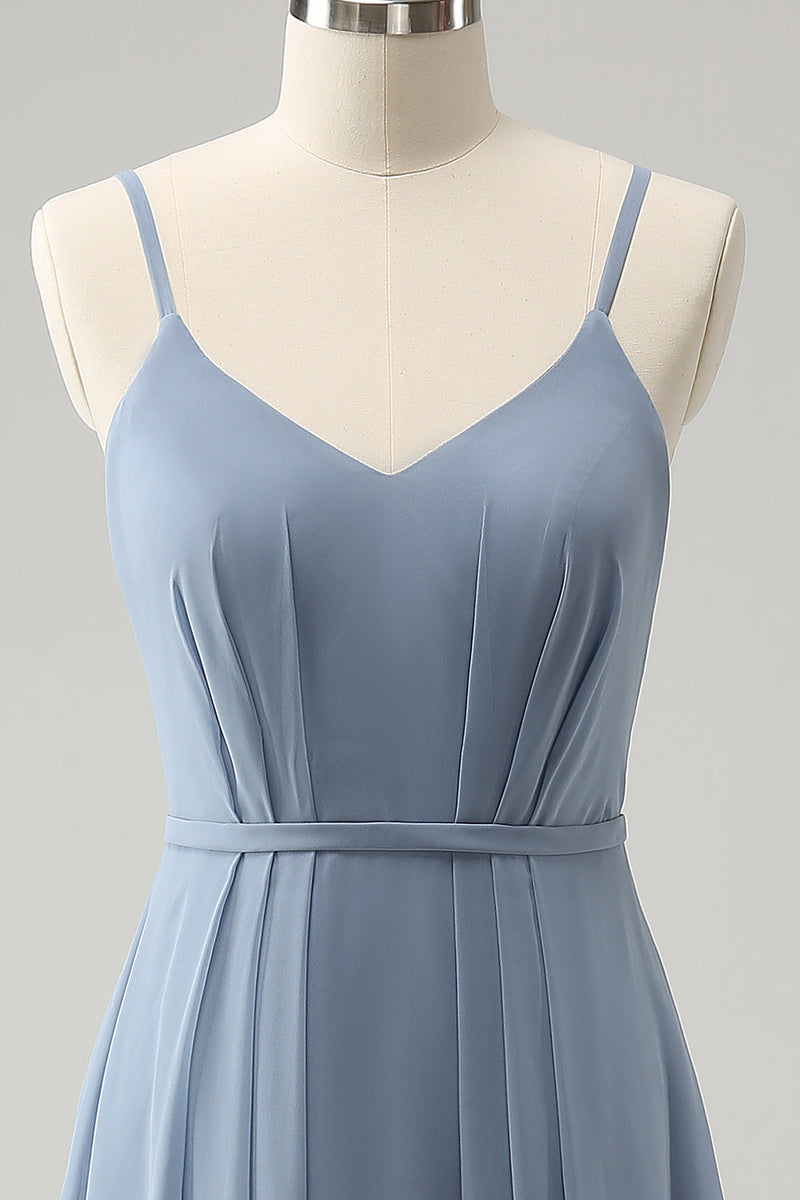 Load image into Gallery viewer, Grey Blue Chiffon A Line Spaghetti Straps Pleated Long Bridesmaid Dress
