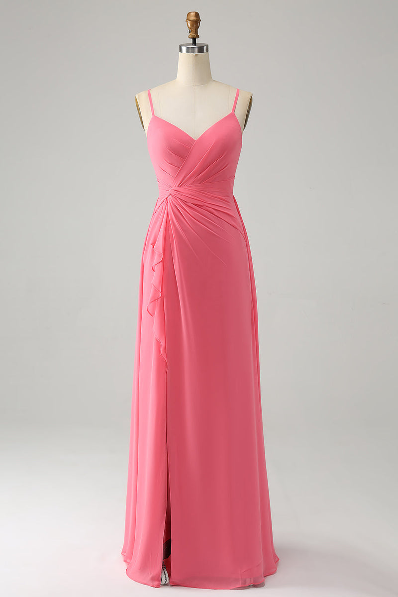 Load image into Gallery viewer, Coral Sheath Spaghetti Straps Chiffon Long Bridesmaid Dress With Slit