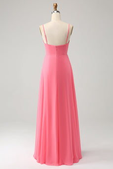 Coral Sheath Spaghetti Straps Chiffon Long Bridesmaid Dress With Slit