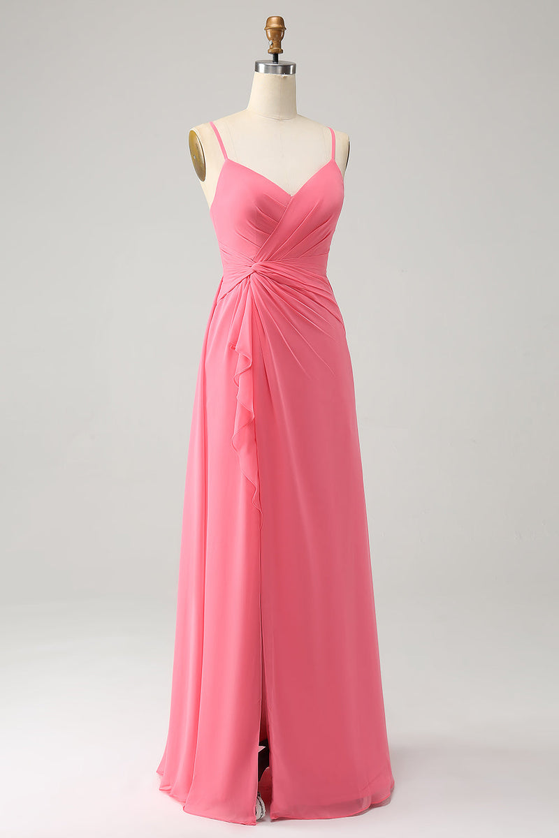 Load image into Gallery viewer, Coral Sheath Spaghetti Straps Chiffon Long Bridesmaid Dress With Slit