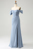 Load image into Gallery viewer, Grey Blue Mermaid Off the Shoulder Chiffon Long Bridesmaid Dress with Slit