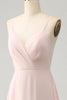 Load image into Gallery viewer, Pink A Line V Neck Chiffon Long Bridesmaid Dress with Slit