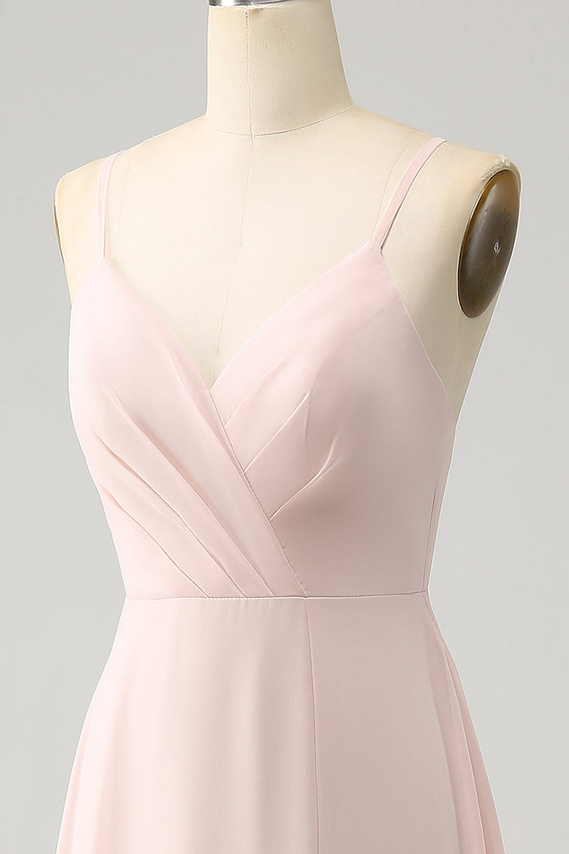Load image into Gallery viewer, Pink A Line V Neck Chiffon Long Bridesmaid Dress with Slit