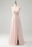 Pink A Line V Neck Chiffon Long Bridesmaid Dress with Slit