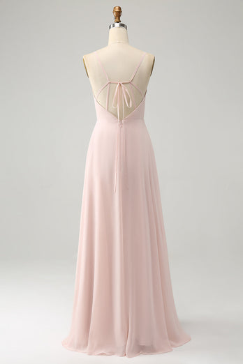 Pink A Line V Neck Chiffon Long Bridesmaid Dress with Slit