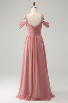 Chiffon Red A Line Spaghetti Straps Pleated Bridesmaid Dress with Slit