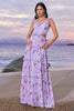 Load image into Gallery viewer, Grey Purple A-Line Off the Shoulder Floral Bridesmaid Dress