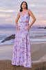 Load image into Gallery viewer, Off the Shoulder Purple Floral A Line Cut Out Chiffon Bridesmaid Dress