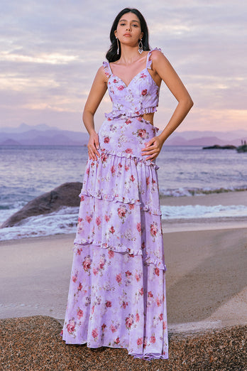 Off the Shoulder Purple Floral A Line Cut Out Chiffon Bridesmaid Dress