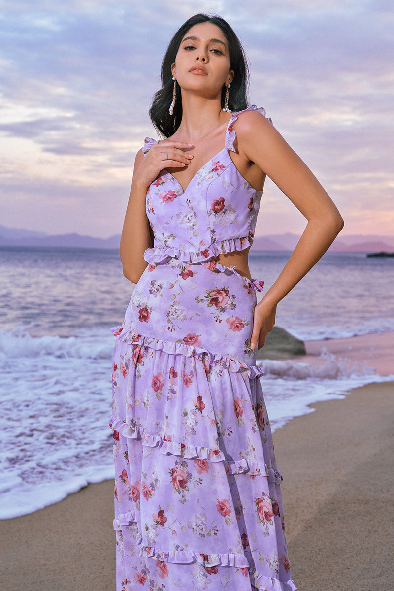 Load image into Gallery viewer, Off the Shoulder Purple Floral A Line Cut Out Chiffon Bridesmaid Dress