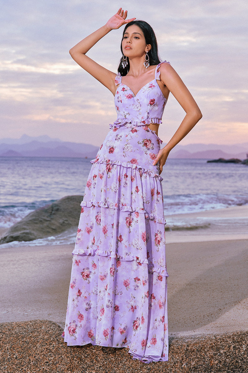 Load image into Gallery viewer, Off the Shoulder Purple Floral A Line Cut Out Chiffon Bridesmaid Dress