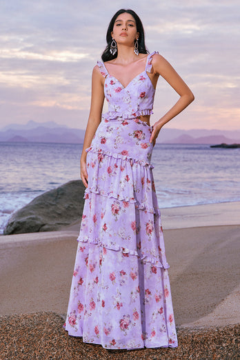 Off the Shoulder Purple Floral A Line Cut Out Chiffon Bridesmaid Dress