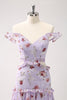 Load image into Gallery viewer, Grey Purple A-Line Off the Shoulder Floral Bridesmaid Dress