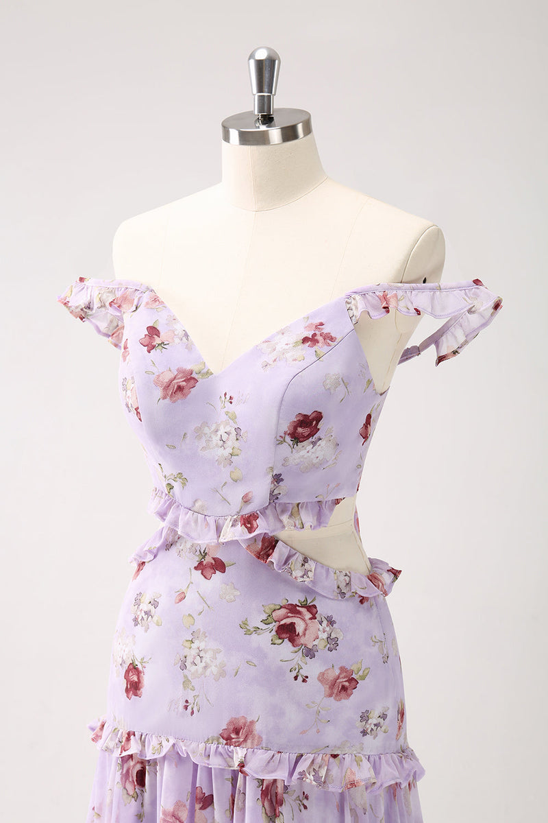 Load image into Gallery viewer, Grey Purple A-Line Off the Shoulder Floral Bridesmaid Dress