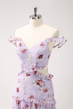 Grey Purple A-Line Off the Shoulder Floral Bridesmaid Dress