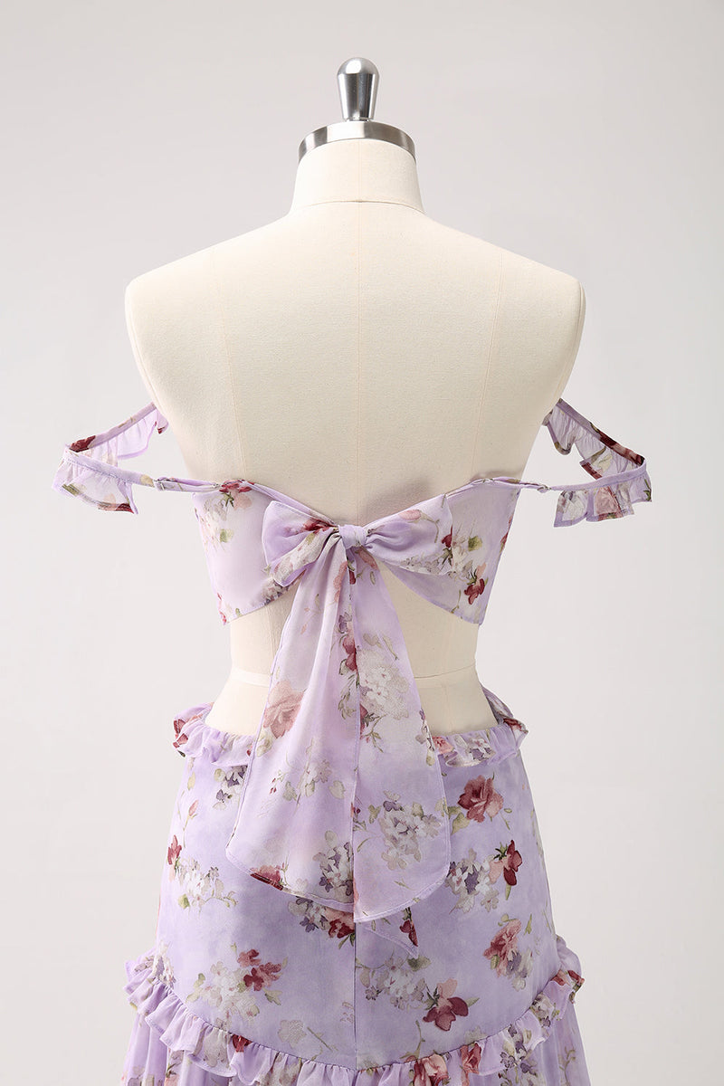 Load image into Gallery viewer, Grey Purple A-Line Off the Shoulder Floral Bridesmaid Dress