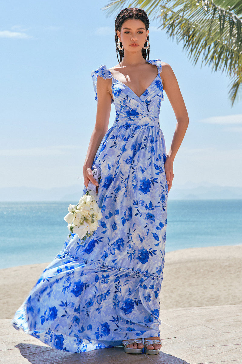 Load image into Gallery viewer, Blue Off The Shoulder Floral A Line Bridesmaid Dress