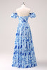 Load image into Gallery viewer, Blue Off The Shoulder Floral A Line Bridesmaid Dress