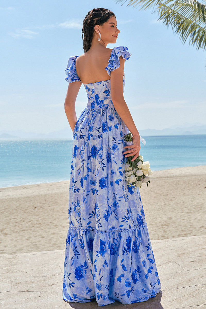 Load image into Gallery viewer, Blue Off The Shoulder Floral A Line Bridesmaid Dress