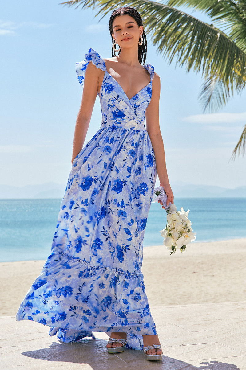 Load image into Gallery viewer, Off The Shoulder Blue Floral A Line Chiffon Bridesmaid Dress