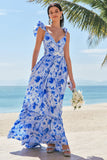 Off The Shoulder Blue Floral A Line Chiffon Bridesmaid Dress
