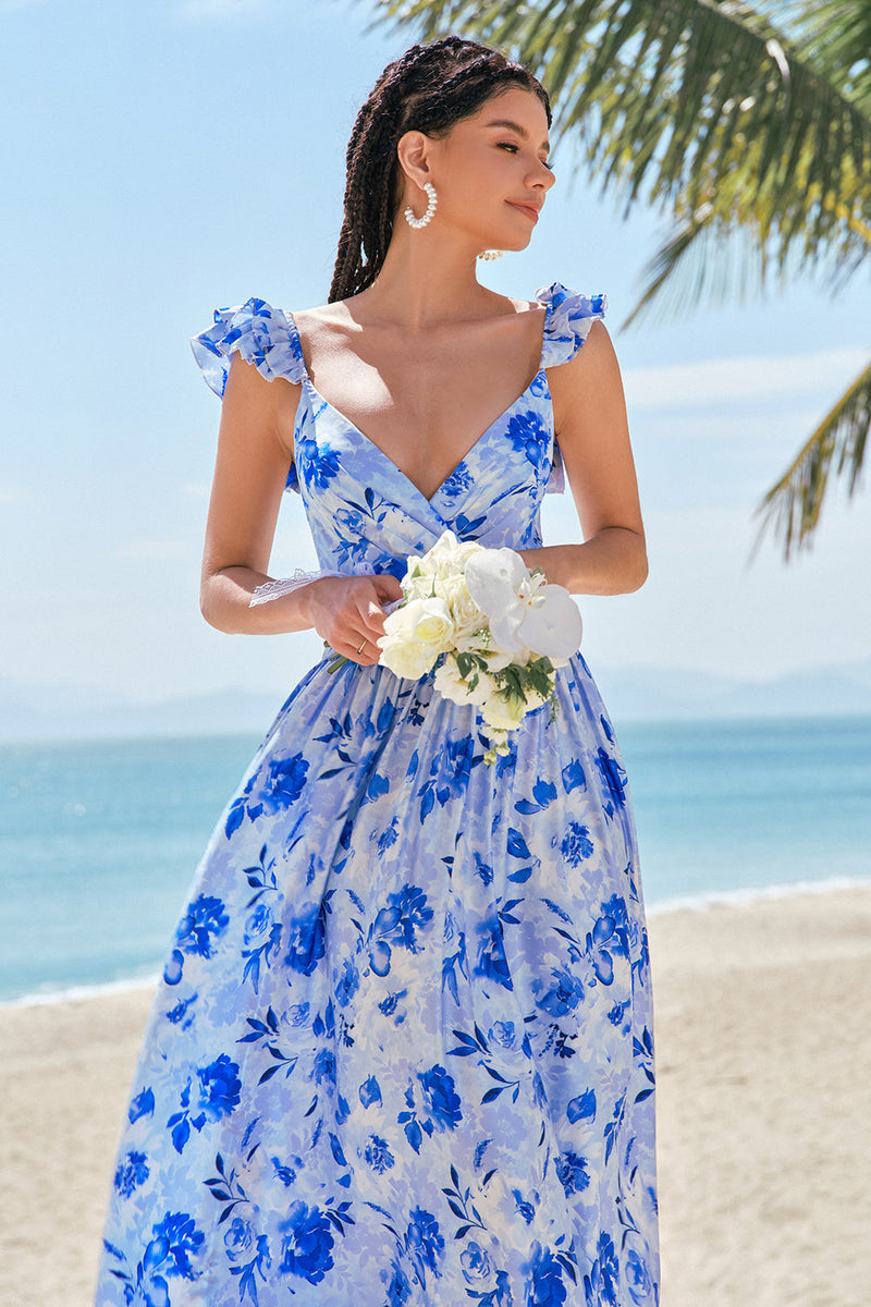 Load image into Gallery viewer, Off The Shoulder Blue Floral A Line Chiffon Bridesmaid Dress