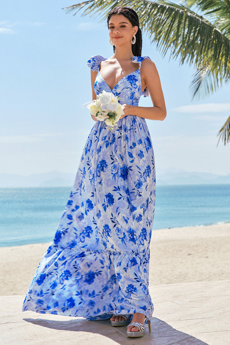 Load image into Gallery viewer, Off The Shoulder Blue Floral A Line Chiffon Bridesmaid Dress