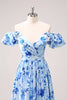 Load image into Gallery viewer, Blue Off The Shoulder Floral A Line Bridesmaid Dress