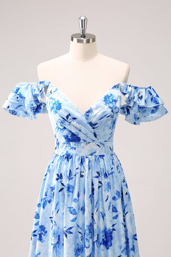 Blue Off The Shoulder Floral A Line Bridesmaid Dress