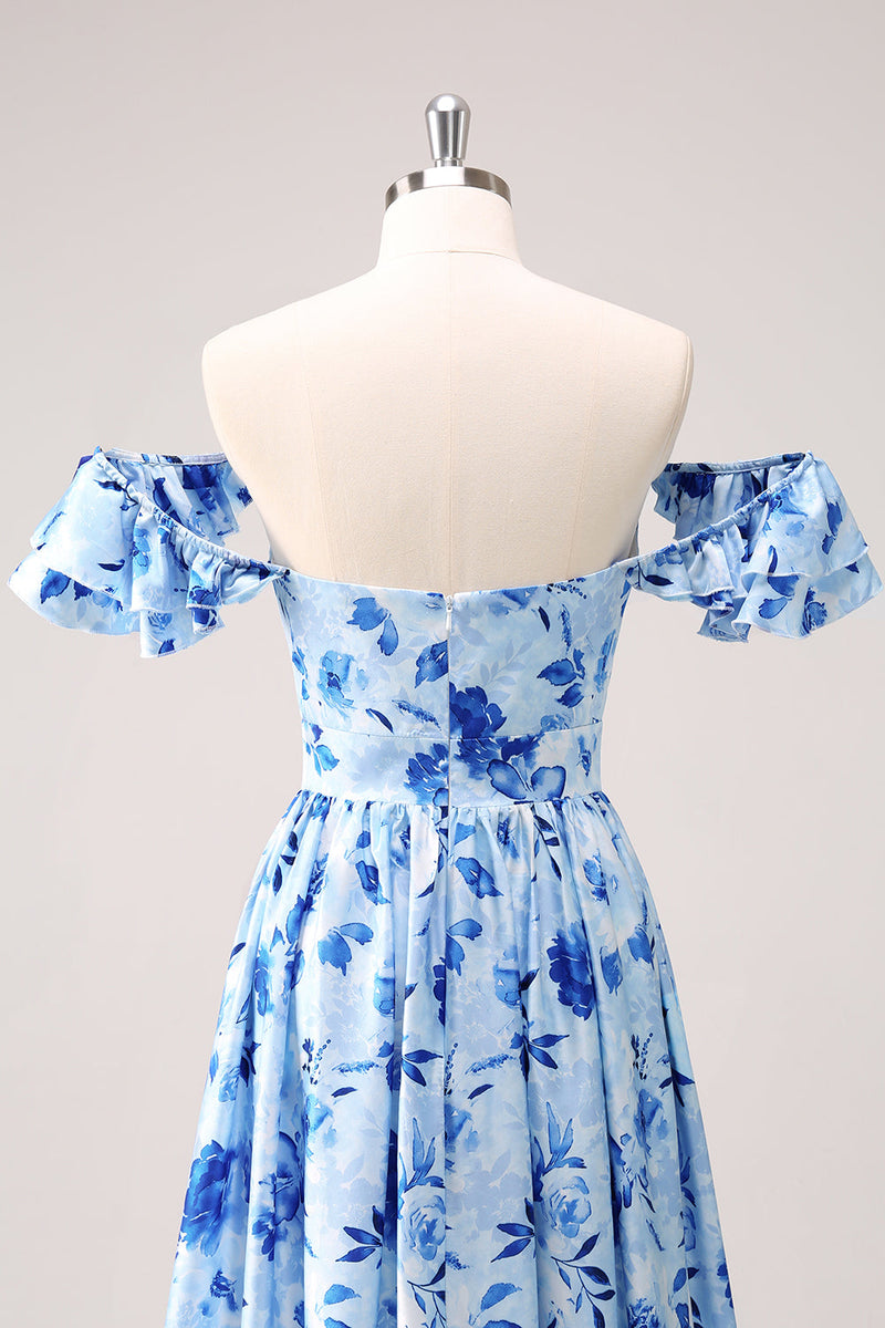 Load image into Gallery viewer, Blue Off The Shoulder Floral A Line Bridesmaid Dress