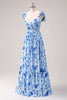 Load image into Gallery viewer, Blue Off The Shoulder Floral A Line Bridesmaid Dress