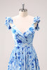 Load image into Gallery viewer, Blue Off The Shoulder Floral A Line Bridesmaid Dress