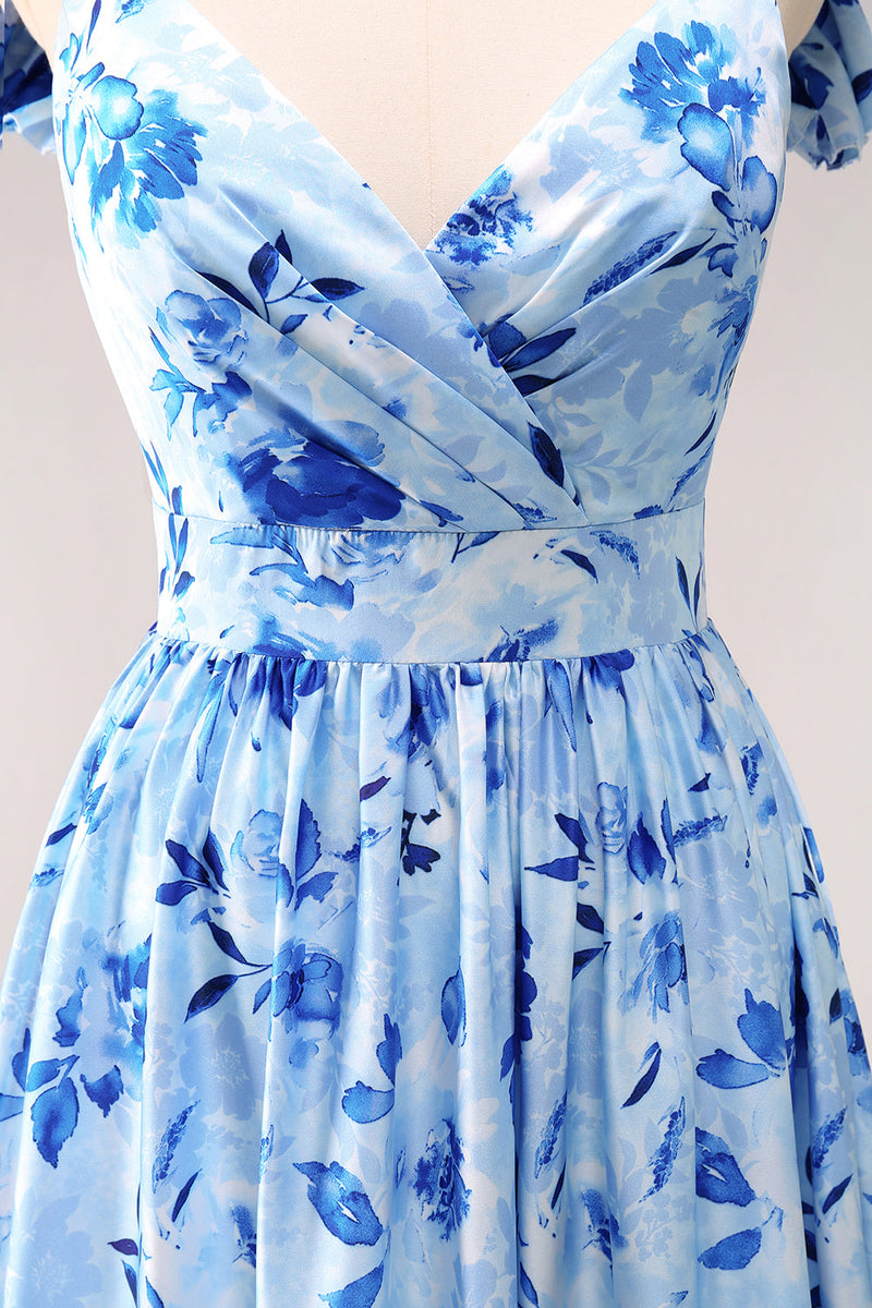 Load image into Gallery viewer, Blue Off The Shoulder Floral A Line Bridesmaid Dress