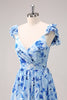 Load image into Gallery viewer, Blue Off The Shoulder Floral A Line Bridesmaid Dress