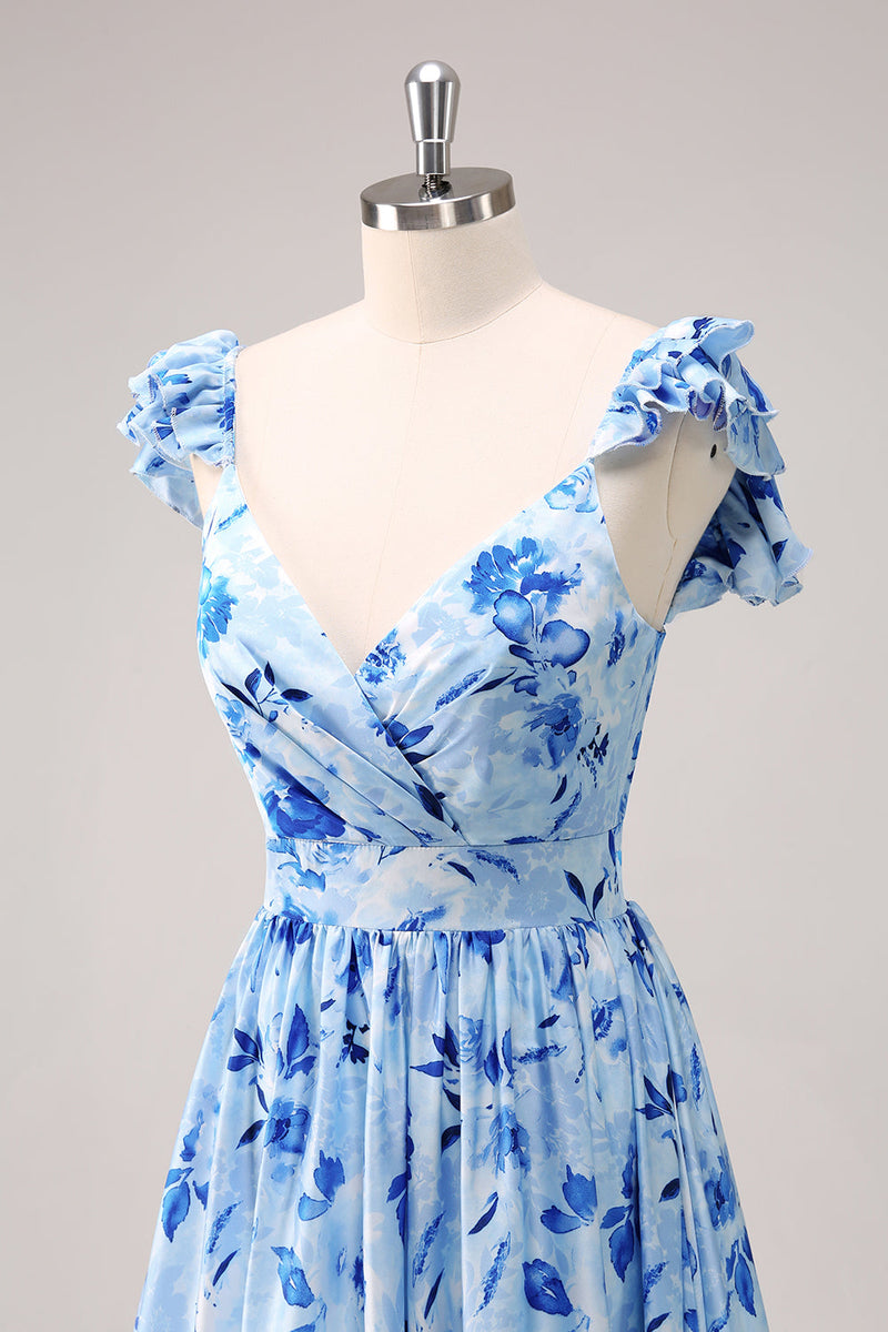 Load image into Gallery viewer, Blue Off The Shoulder Floral A Line Bridesmaid Dress