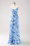 Blue Floral Chiffon Bridesmaid Dress with Ruffles