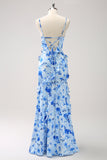 Blue Floral Chiffon Bridesmaid Dress with Ruffles