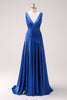 Load image into Gallery viewer, Ink Blue A Line V-Neck Satin Long Bridesmaid Dress with Slit