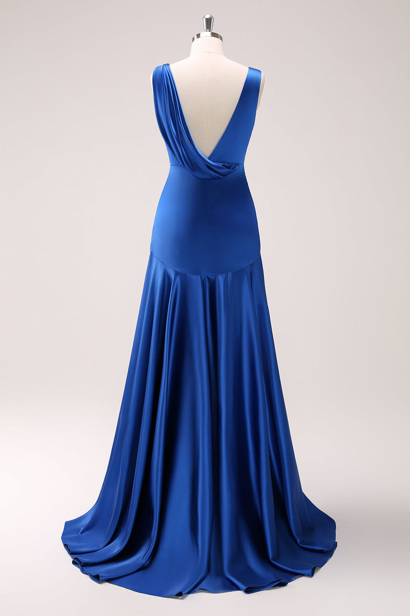 Load image into Gallery viewer, Ink Blue V-Neck Satin Bridesmaid Dress with Slit